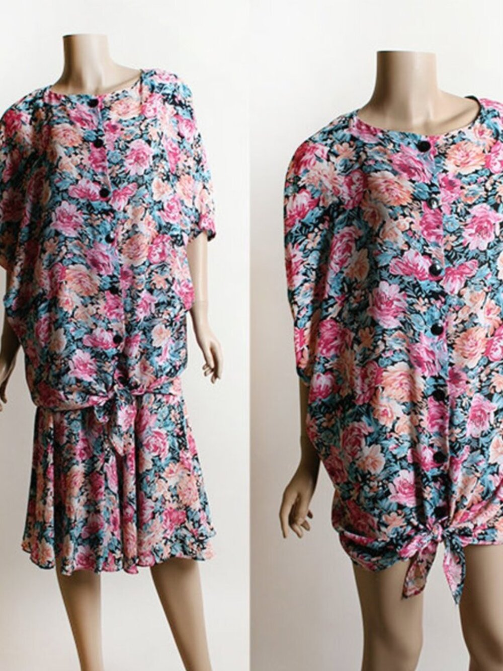 Vintage 80s Floral Oversize Blouse Top Shirt & Skirt Set Pink Zum Zum